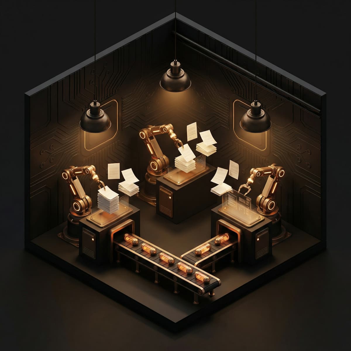 Изометрическая иллюстрация — роботы-манипуляторы автоматизируют документооборот